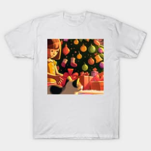 Little Girl and Cat at Christmas T-Shirt